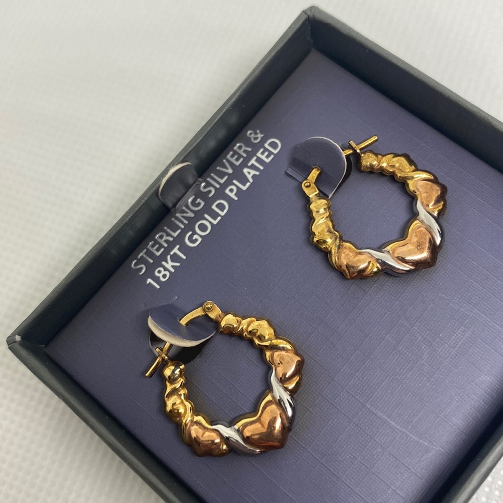 NWT Small Sterling Silver & 18KT Gold Plated Hoops w/ Heart Detail